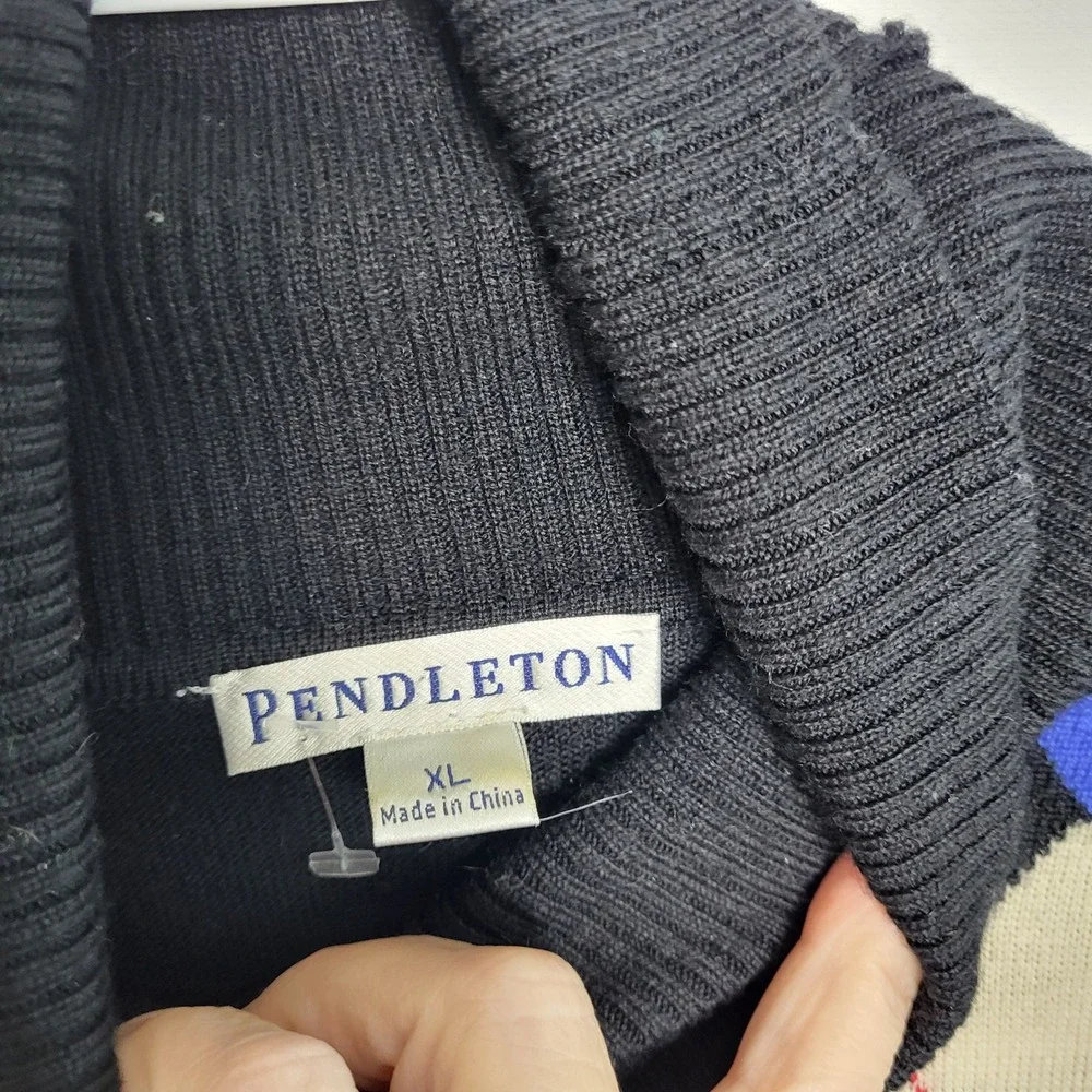 Pendleton Mens XL 100% Merino Wool Argyle Turtleneck Sweater Black Blue‎ Cream